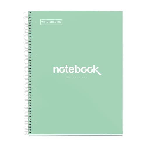 Miquelrius - Notizbuch A4 Notebook Emotions, 120 Blatt 90 g/m², Streifen Horizontale 7 mm, 5 Farbige Streifen, Mikroperforierte Spirale, Extra fester Einband, 4 Löcher, Farbe Mintgrün von Miquelrius