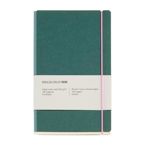 Miquelrius Notizbuch A5 (130 x 210 mm), klassisches Notizbuch mit 96 gepunkteten Blättern, 80 g/m², elfenbeinfarbenes Papier, Einband aus strukturiertem Karton und Stoffrücken, elastischer Verschluss von Miquelrius