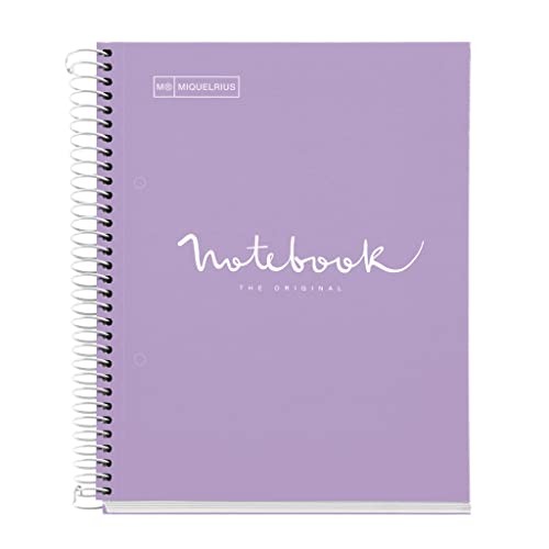 Miquelrius - Notizbuch A5 Notebook Emotions, 120 Blatt 90 g/m², Raster 5 x 5 mm, 5 Farbige Streifen, Mikroperforierte Spirale, Extra fester Einband, 2 Löcher, Farbe Lavendel von Miquelrius