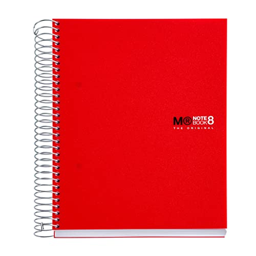Miquelrius - Notizbücher A5 The Original Notebook, 8 farbige Streifen, Undurchsichtiger Polypropylen-Einband, Format A5 (148 x 210 mm), 2-Loch-Lochung, 200 Blatt mit 70 g/m², Raster 5 mm, Rot von Miquelrius