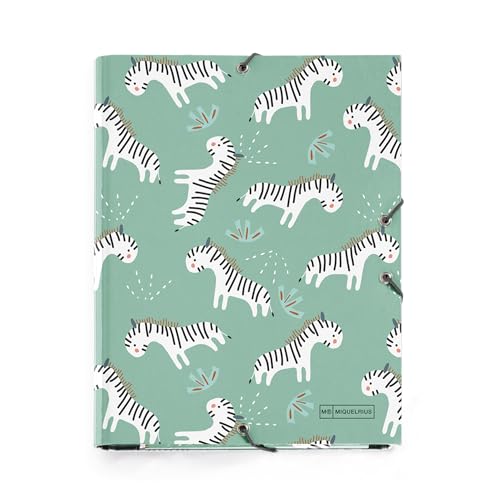 Miquelrius - Ordner mit Klappen A5, 185 x 245 x 20 mm, fester Karton, Gummiverschluss, Zebra-Kollektion von Miquelrius