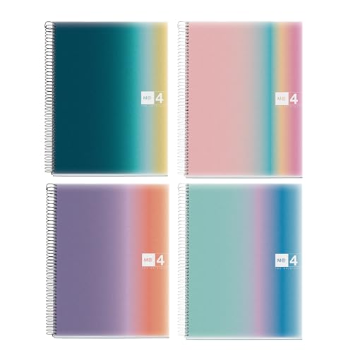 Miquelrius - Packung mit 4 A4 Notizbüchern, 120 Blatt 70 g/m², Gitternotizbuch, Polypropylen Notizbücher, Spiraleinband, 4 Löcher zum Abheften, Ideal für den Schulanfang, Aurora Collection von Miquelrius