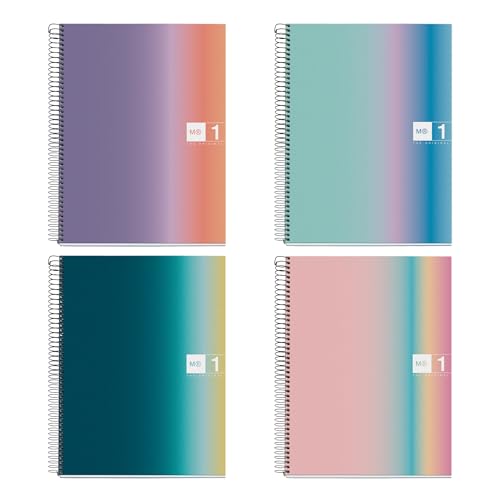 Miquelrius - Packung mit 4 A4 Notizbüchern, 80 Blatt 90 g/m², Gitternotizbuch, Notizbücher aus starrem Karton, Spiraleinband, 4 Löcher zum Abheften, Ideal für den Schulanfang, Aurora Collection von Miquelrius