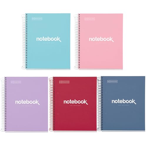 Miquelrius - Packung mit 5 A5 Notizbüchern, Emotions Notizbuch, 120 Blatt 90 g/m², Gitternotizbuch, Notizbücher mit Hart- und Spiraleinband, 2 Löcher zum Abheften, Ideal für den Schulanfang von Miquelrius