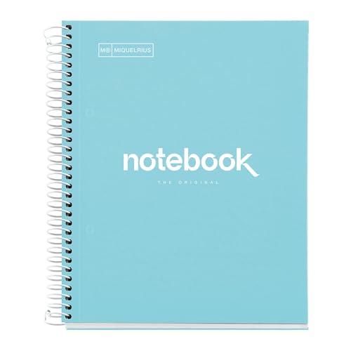 Miquelrius - Ringblock A5, Notebook Emotions, 80 Blatt 90 g/m², 5 mm Karierung, 1 Farbstreifen, Mikroperforierte Spiralbindung, Kariertes Heft, Extra harter Einband, 2-fach gelocht, Himmelblau von Miquelrius