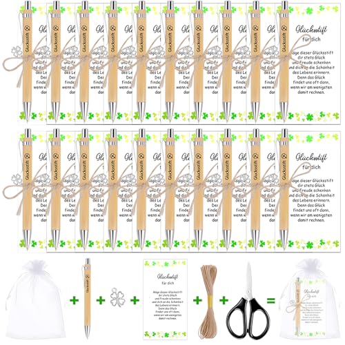 MirraSwit 20 Stück Glücksstift Kugelschreiber Geschenke, Glücksstift für Gastgeschenke Hochzeit, Abschiedsgeschenk Kollegen, mit Vier Blatt Gras Anhänger, Karten, Seil für Lehrer Mitarbeiter Kollegen von MirraSwit