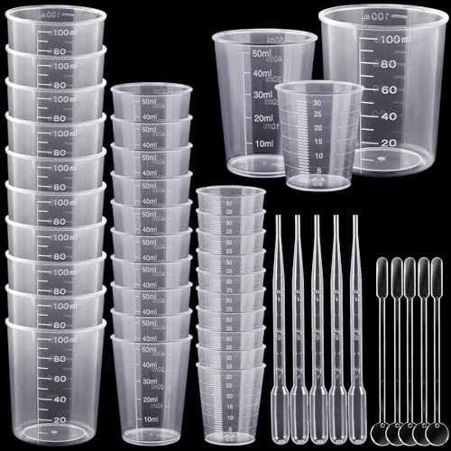 MirraSwit 30 Stück Kleine Messbecher 30ml/50ml/100ml, Wiederverwendbar Messbecher Set Kunststoff, Transparent Mischbecher Epoxidharz, mit Tröpfchen und Mischlöffel für Basteln, Gießformen von MirraSwit