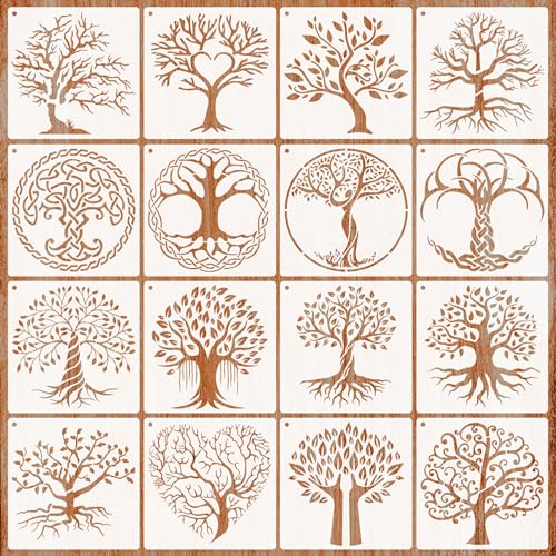 16 Stück Baum des Lebens Schablone, Baum Zeichnungsschablonen Wiederverwendbare DIY Malerei Vorlage Stencil Kit Baumschablone für Wand Möbel Handwerk und Dekorationen (15 x 15 cm) von Mirrwin