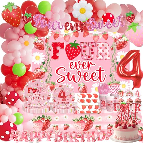Strawberry Sweet Four Berry Decorations Four Ever Sweet Birthday Party Supplies for Strawberry Girls include Tableware Set Plates and Napkins Strawberry Balloon Backdrop Tablecloth Banner Serve 20 von Miruwtog