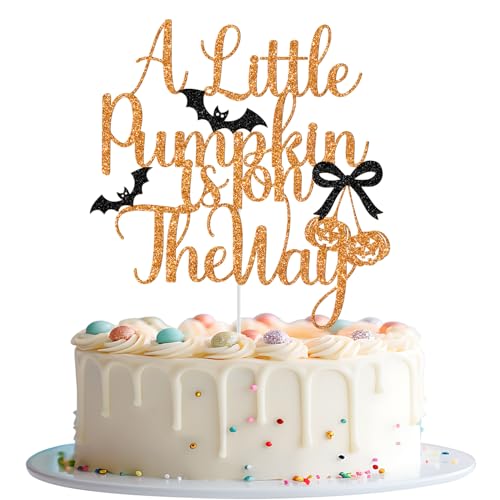Tortenaufsatz mit Aufschrift "A Little Pumpkin is on the Way", Herbst-Kürbis-Babyparty-Kuchendekoration, Halloween-Schleife, Kürbis, Babyparty, Party-Dekoration, Glitzer von Mis Quince