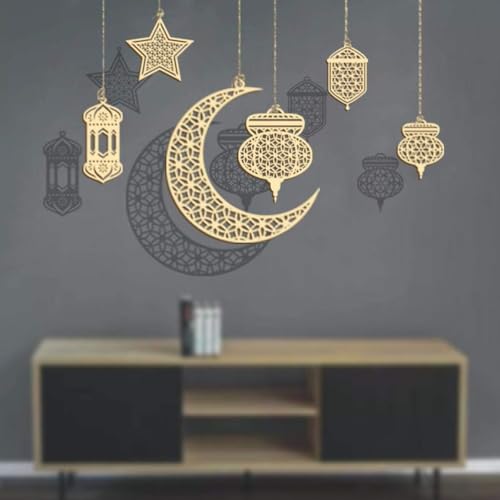Mis.Moon 6 Stück Holz Ramadan Deko, Eid Mubarak Dekoration Anhänge, Mond Stern Laternen Form Hohlanhänger für Innen/Außen Ramadan Eid Party Dekoration von Mis.Moon
