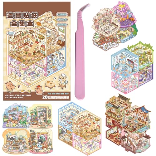 MisFun 20Pcs 3D Sticker Scene Miniatur Haus Sticker mit Pinzette 3D Miniatur Haus Stickers DIY-Aufkleber für Basteln Haus Aufkleber Machen Sie Ihren Eigenen für Erwachsene und Kinder (A) von MisFun