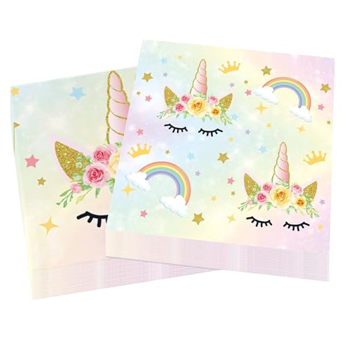 MisFun 40 Stück Einhorn Geburtstag Servietten, Einhorn Jubiläum Servietten Mädchen Set, Tischdeko Happy Birthday Deko Papierservietten 33 × 33 cm für Junge Mädchen Geburtstag Feiern Party Jubiläum von MisFun