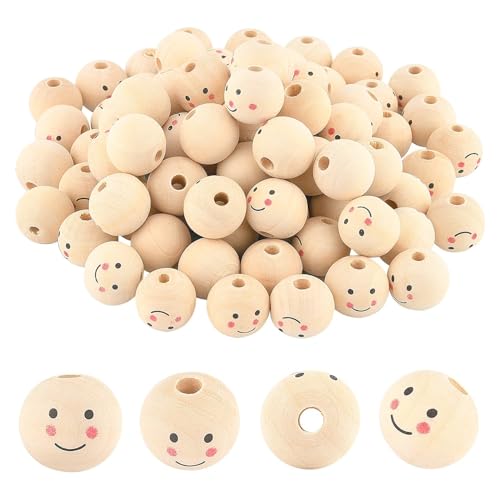 MisFun 50 Stück Holzperlen mit Gesicht, Holzkugeln 20mm, Lächeln Holzperle mit Loch, Rund, für DIY Bastelarbeiten, Halskette, Armband, Dekorationen von MisFun