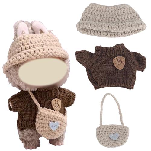MisFun Puppenkleidung Gehäkeltes 3-Teiliges Set Niedliche Mini Plüsch Puppen Kleidung Outfit mit Braunem Strickpullover Mütze Tasche Bezaubernde Puppenkleidung für 17cm Puppen (Keine Puppe) von MisFun