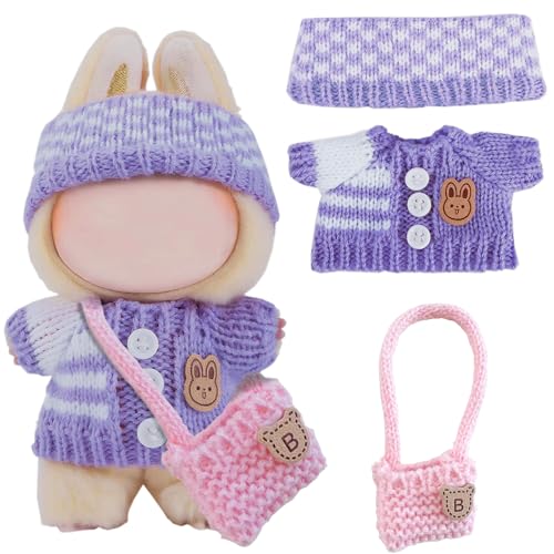 MisFun Puppenkleidung Gehäkeltes 3-Teiliges Set Niedliche Mini Plüsch Puppen Kleidung Outfit mit Lila Strickpullover Mütze Tasche Bezaubernde Puppenkleidung für 17cm Puppen (Keine Puppe) von MisFun