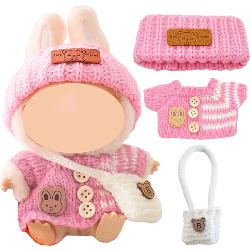 MisFun Puppenkleidung Gehäkeltes 3-Teiliges Set Niedliche Mini Plüsch Puppen Kleidung Outfit mit Rosa Strickpullover Mütze Tasche Bezaubernde Puppenkleidung für 17cm Puppen (Keine Puppe) von MisFun