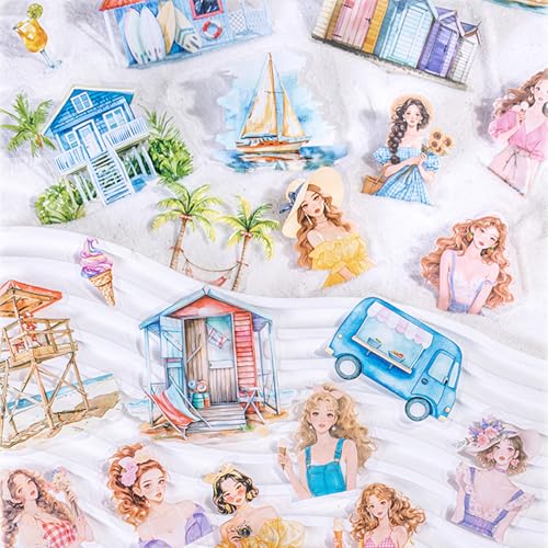 120 Stück Scrapbooking Stickers,Holiday Scrapbook Zubehör Aufkleber in PET,Girls Sticker for Scrapbook,Bullet Journal,Journaling,Notebook,Fotoalbum,DIY Craft(Seaside Diary) von MisKepaa