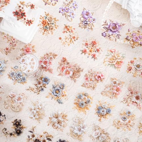 Blumen Scrapbooking Zubehör Stickers,6 Rolls PET Vintage Washi Tape Aesthetic Stickers Decorative for Journaling,Bullet Journal Zubehör,Photo Album,Mobile phone,DIY Crafts(Baroque Flower Series) von MisKepaa