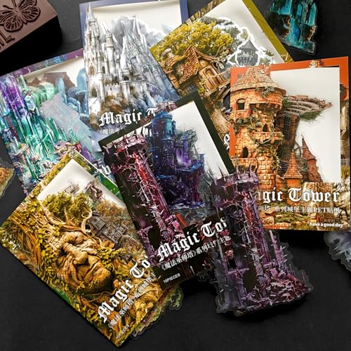 Magic Scrapbooking Journal Zubehör Aufkleber,60 Stuck Scrapbook Sticker Aesthetic Set in PET, Scrapbooking Bullet Journal Sticker für Alben,Bullet Journal, Junk Journaling, DIY Fotoalbum(MagicTower） von MisKepaa