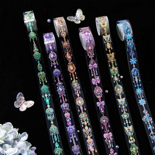 MisKepaa Washi Tape Sticker, Crystal Themed Aesthetic Stickers, 6 Rolls, 20 mm x 2 m, Selbhaftend, für Scrapbooking, Bullet Journal, DIY Crafts (Starry Chain Series) von MisKepaa