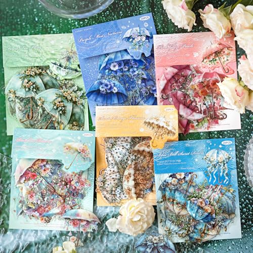 Scrapbooking Bullet Journal Zubehör Aufkleber,120 Stück Scrapbook Stickers Blumen in PET,Aesthetic Transparent Stickers for Scrapbooking,Notebook,Mobile,Painting,Calendar(Umbrella Concerto) von MisKepaa