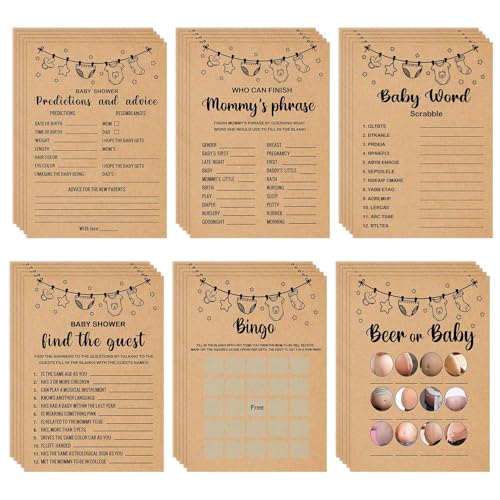 Misaidou Baby Shower Games Bundle for 50 Guests, Baby Shower Find The Guest, Baby Shower Predictions and Advice, Who Can Finish Mommys Phrase, Beer Or Baby, Baby Word Scrabble, Bingo Party Game von Misaidou