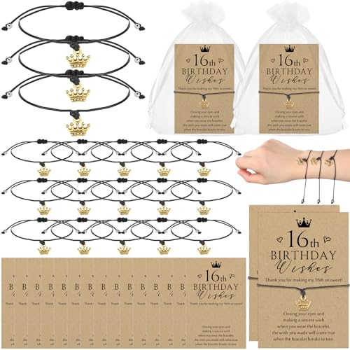 Misdary 50 Sets Sweet 16 Partygeschenke für Gäste, inklusive Wunscharmbänder mit Krone, verstellbare Armbänder mit Dankeskarten, 16. Geburtstag, Partyzubehör, 16 Jahre von Misdary