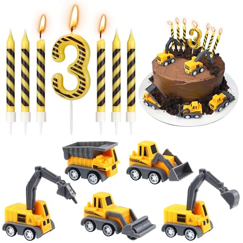 Construction Tortendeko Geburtstag, Geburtstagskerze Zahlen 3, Gelb und Schwarz Gestreifte Kerzen, Baustellen Deko Kuchen für 3nd Jahre Junge und Mädchen Geburtstag von Miss Good