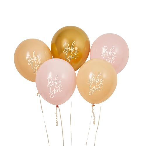 Babyparty Luftballons Mädchen 5 Stück Baby Shower Deko in Rosa, Apricot & Gold - Heliumgeeignet - Gender Reveal Party Ballons mit Baby Aufdruck "Baby Girl" (Baby Girl - rosa) von Miss Lovely