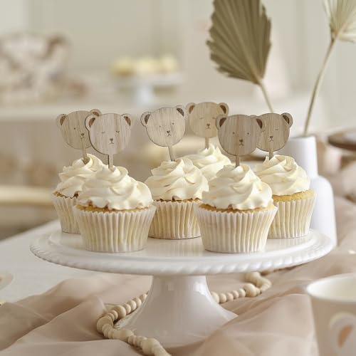 Cupcake Toppers TEDDY-BÄR (6 Stk.) Kuchen- & Muffinstecker für Babyparty Taufe & Geburt aus Holz Höhe: 10,1cm von Miss Lovely