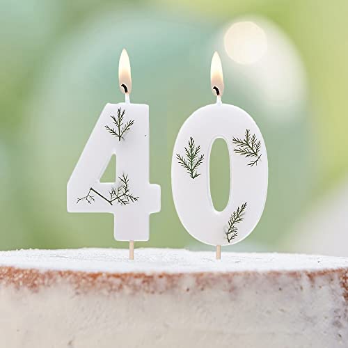 Miss Lovely Geburtstags-Kerzen für Torte Zahl 40 Kuchen-Stecker Torten-Aufsatz Botanical Style in weiß & grün Geburtstagsdekoration Kuchen & Torten 40. Geburtstag von Miss Lovely