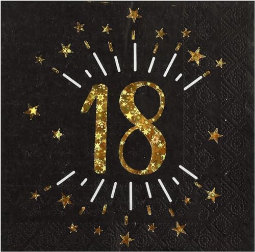 Geburtstags-Servietten 18 zum 18. Geburtstag in schwarz & metallic-gold mit Sternen Geburtstags-Deko Geburtstags-Feier Tisch-Dekoration Geburtstag 18. Geburtstag Mann & Frau Volljährig 30 Servietten von Miss Lovely