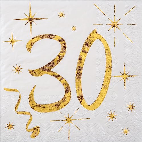 Geburtstags-Servietten "30" zum 30. Geburtstag in weiß & metallic-gold Cocktail-Größe / Geburtstags-Deko Geburtstags-Feier Tisch-Dekoration 30. Geburtstag Mann & Frau Runder Geburtstag 60 Servietten von Miss Lovely