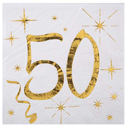 Geburtstags-Servietten "50" zum 50. Geburtstag in weiß & metallic-gold Cocktail-Größe / Geburtstags-Deko Geburtstags-Feier Tisch-Dekoration 50. Geburtstag Mann & Frau Runder Geburtstag 20 Servietten von Miss Lovely