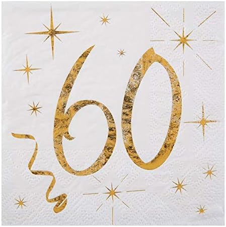 Geburtstags-Servietten "60" zum 60. Geburtstag in weiß & metallic-gold Cocktail-Größe / Geburtstags-Deko Geburtstags-Feier Tisch-Dekoration 60. Geburtstag Mann & Frau Runder Geburtstag 20 Servietten von Miss Lovely