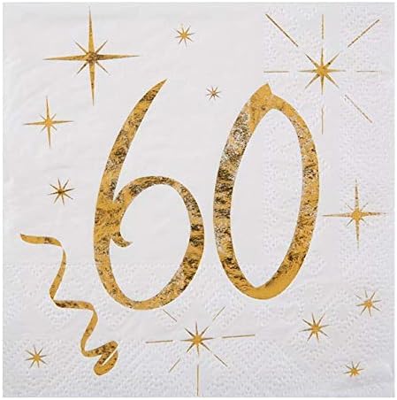 Geburtstags-Servietten "60" zum 60. Geburtstag in weiß & metallic-gold Cocktail-Größe / Geburtstags-Deko Geburtstags-Feier Tisch-Dekoration 60. Geburtstag Mann & Frau Runder Geburtstag 40 Servietten von Miss Lovely