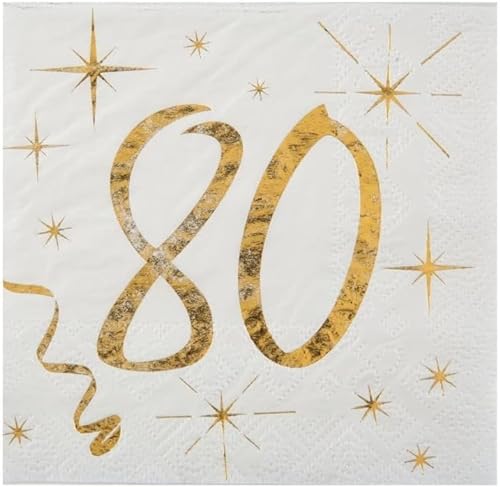 Geburtstags-Servietten "80" zum 80. Geburtstag in weiß & metallic-gold Cocktail-Größe / Geburtstags-Deko Geburtstags-Feier Tisch-Dekoration 80. Geburtstag Mann & Frau Runder Geburtstag 20 Servietten von Miss Lovely