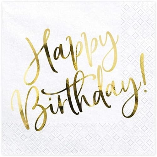 Geburtstags-Servietten Party-Servietten Happy Birthday weiß & metallic Gold aus Papier Tisch-Deko Geburtstag Kinder & Erwachsene Geburtstags-Feier Zubehör 60 Servietten von Miss Lovely