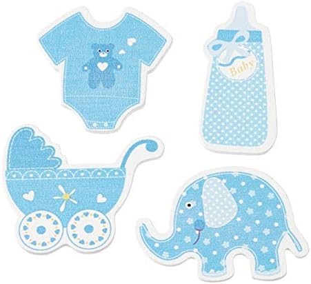 Holz Streu-Deko Streu-Teile Konfetti Holz-Sticker Baby Boy blau Flasche Kinderwagen Body & Elefant Tisch-Deko Baby-Party Taufe Geburt Junge Bastelzubehör 2 Beutel = 24 Streuteile von Miss Lovely