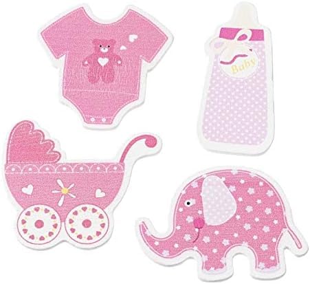 Holz Streu-Deko Streu-Teile Konfetti Holz-Sticker Baby Girl rosa pink Flasche Kinderwagen Body & Elefant Tisch-Deko Baby-Party Taufe Geburt Mädchen Bastelzubehör 1 Beutel = 12 Streuteile von Miss Lovely