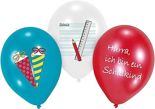 Miss Lovely Ballons/Luft-Ballon/Statement-Balloon HURRA ICH Bin EIN Schulkind Schulanfang Schul-Anfang Erster Schul-Tag Dekoration Einschulung Mädchen & Junge-n mit Schul-Tüten-Motiv 6 Luft-Ballons von Miss Lovely