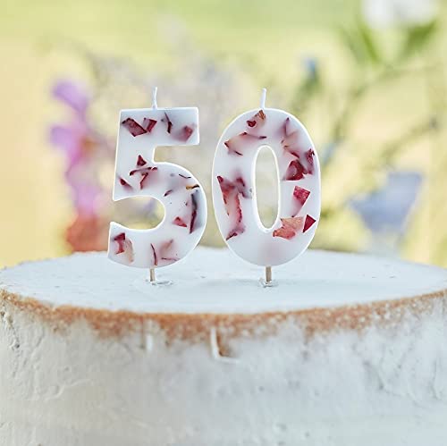 Miss Lovely Geburtstags-Kerze Zahl 50 Kuchen-Stecker Torten-Aufsatz in weiß mit Blüten-Blättern in rot Geburtstagsdekoration für Kuchen & Torten Gebäck-Deko runder 50. Geburtstag von Miss Lovely