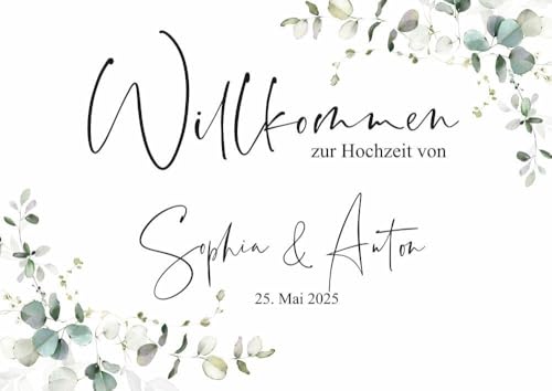 Miss Lovely Willkommens-Schild Hochzeit personalisiert mit Namen des Brautpaares & Hochzeits-Datum - personalisierte Hochzeits-Deko für den Empfang A2 42,0cm x 59,4cm - Eukalytpus Blätter Querformat von Miss Lovely