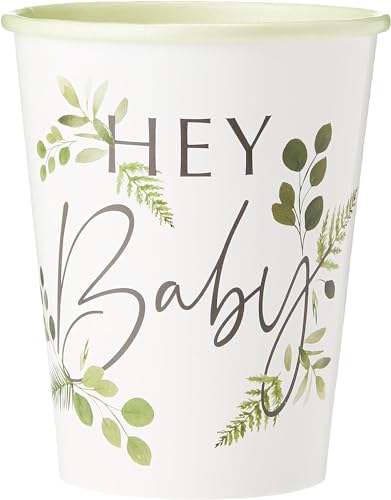 Party-Becher Einweg-Gesschirr Hey Baby Botanical Eukalyptus Blätter weiß & grün Tisch-Deko Baby-Party Baby-Shower Taufe Geburt Junge & Mädchen Accessoires Zubehör Dekoration 8 Becher von Miss Lovely