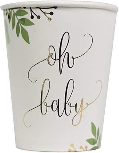 Party-Becher Einweg-Gesschirr OH Baby Botanical Eukalyptus Blätter weiß grün & Gold Tisch-Deko Baby-Party Baby-Shower Taufe Geburt Junge & Mädchen Accessoires Zubehör Dekoration 16 Becher von Miss Lovely