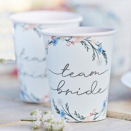 Party-Becher Team Bride Boho Flower Blumen-Motiv Pappbecher Einweg-Geschirr JGA in rosa & Pastell Tisch-Deko Junggesellinnenabschied Junggesellenabschied JGA-Party Accessoires 8 Becher von Miss Lovely