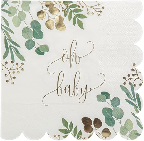 16 Servietten Babyparty OH BABY Botanical Eukalyptus Blätter-Kranz Tisch-Deko für Baby-Party Baby-Shower Taufe Geburt Junge & Mädchen unisex Farben weiß grün & gold von Miss Lovely