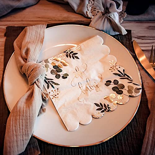 Servietten Babyparty OH BABY Botanical Eukalyptus Blätter-Kranz Tisch-Deko für Baby-Party Baby-Shower Taufe Geburt Junge & Mädchen unisex Farben weiß grün & gold 32 Servietten von Miss Lovely
