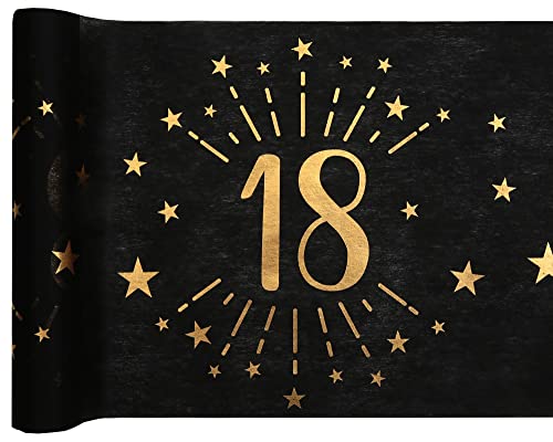 Tischläufer Tischdecke 18 zum 18. Geburtstag in schwarz & gold mit Sternen Geburtstags-Deko Geburtstags-Feier Tisch-Dekoration Geburtstag 18. Geburtstag Mann & Frau Volljährigkeit 1 Rolle = 5m von Miss Lovely